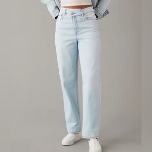 AE Strigid Highest Waist Crossover Baggy Straight Jean Light Wash Size 16 Long